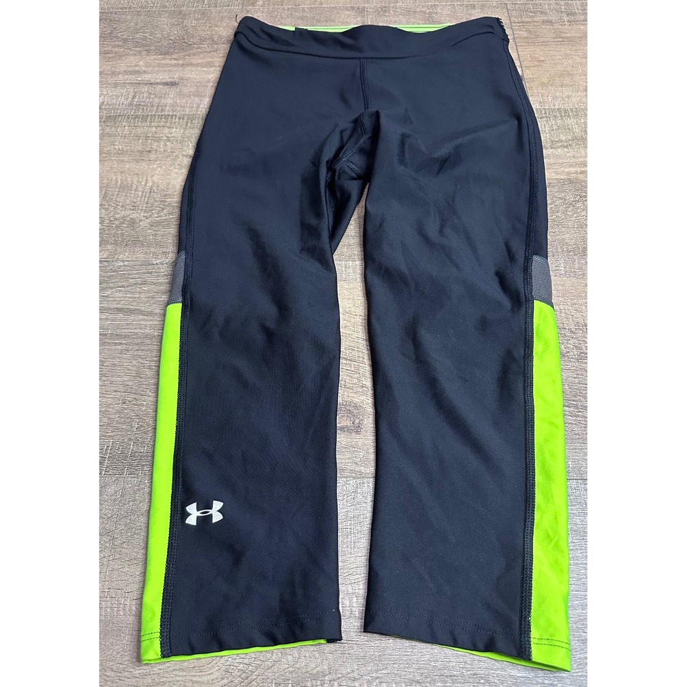 Under Armour Womens Crop Leggings Black Neon Green with Grey Panels Size S